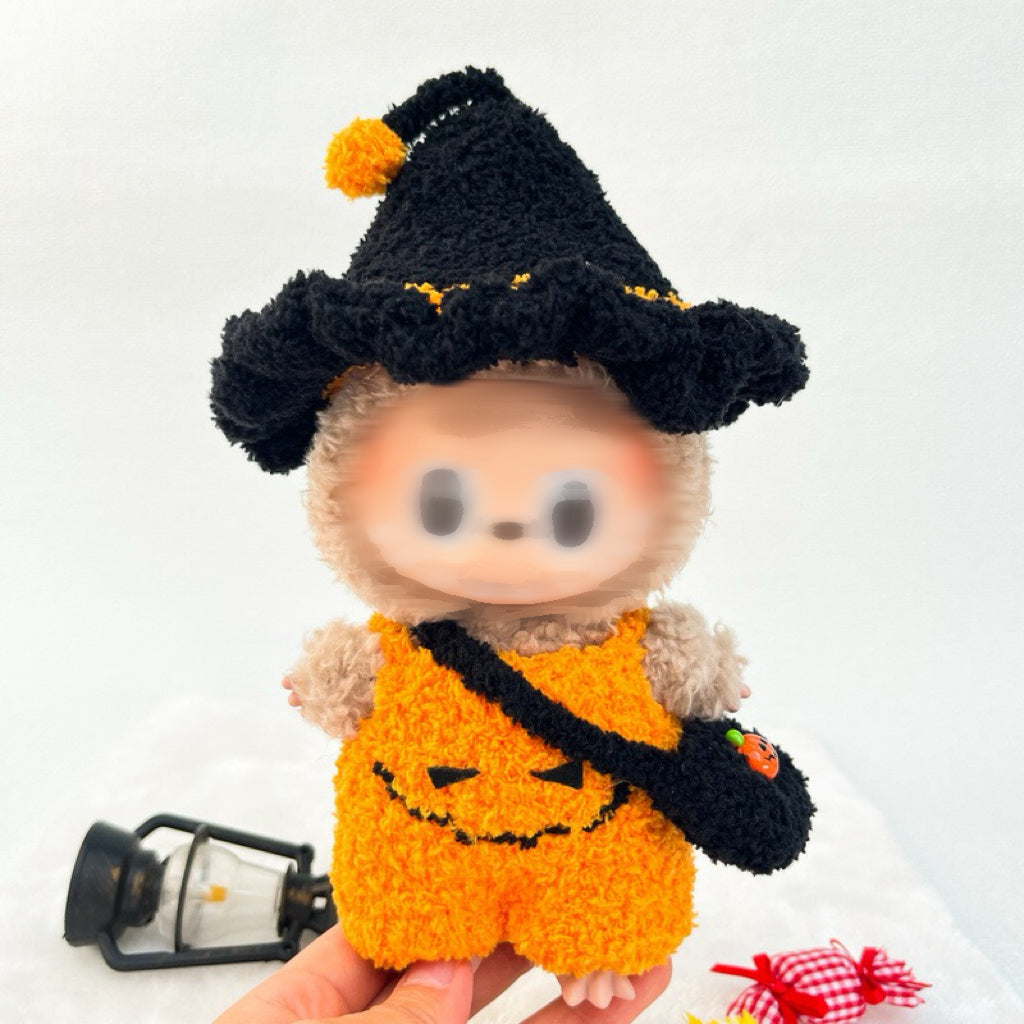 Halloween Pumpkin Witch Outfit for Labubu & 17cm Dolls – Cute Handmade Knit Costume with Hat & Bag