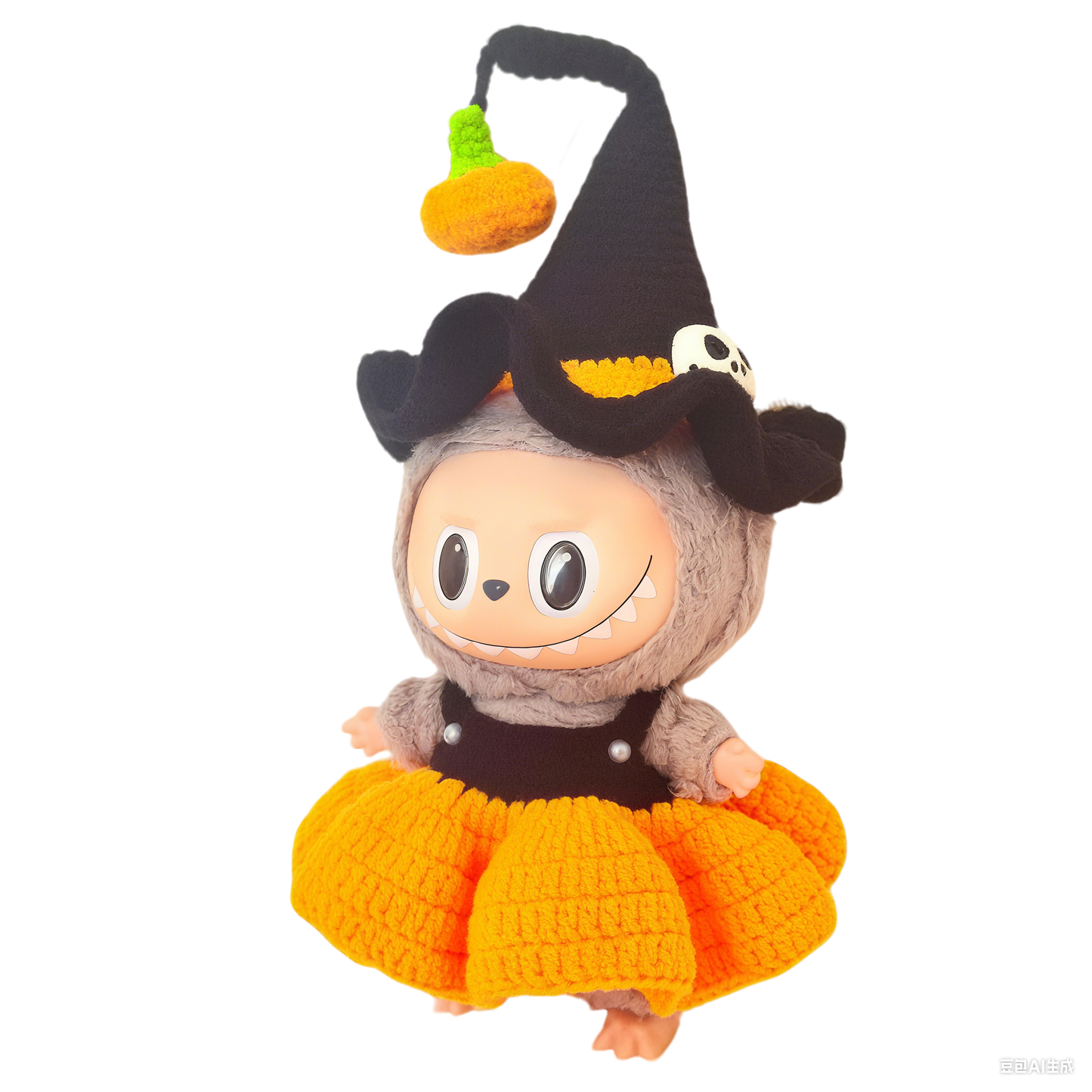 Halloween Pumpkin Witch Outfit for Labubu & 17cm Dolls – Cute Handmade Knit Costume with Hat & Bag