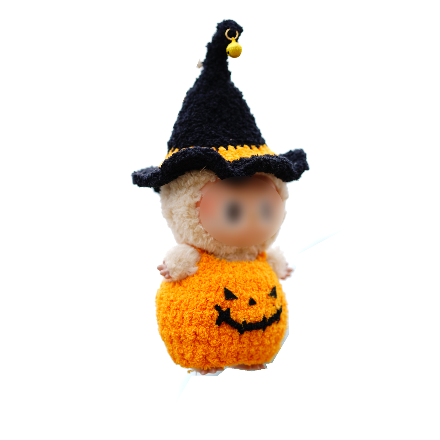 Halloween Pumpkin Witch Outfit for Labubu & 17cm Dolls – Cute Handmade Knit Costume with Hat & Bag