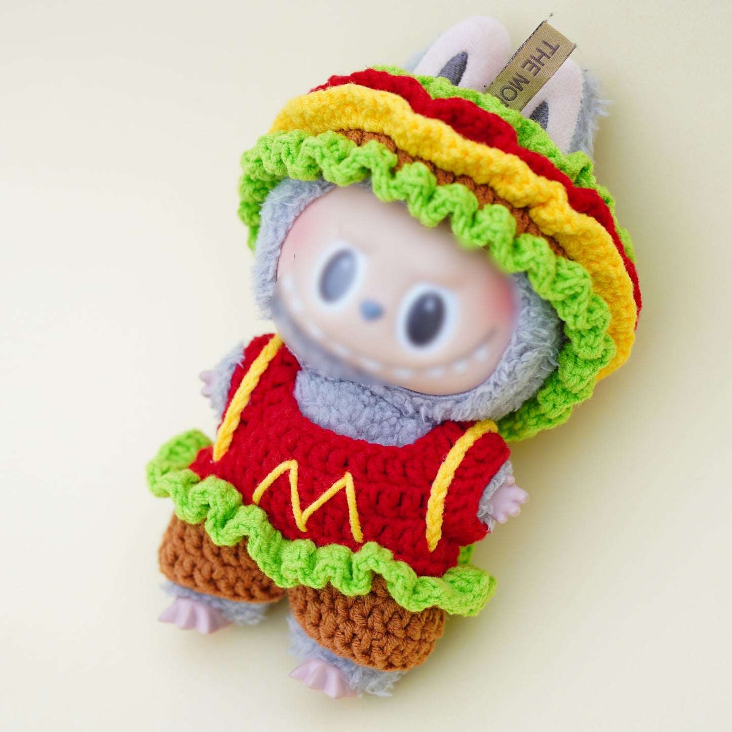 Hand-crocheted hamburger suit for labubu