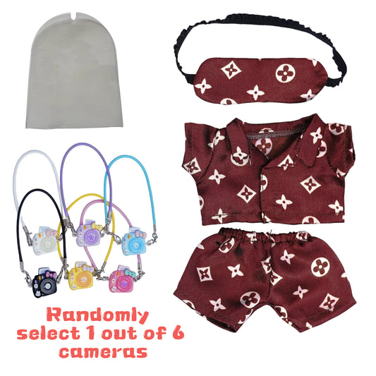 Labubu 7-Inch Doll Pajama Set – 3 Colors + Random Mini Camera & Clear Dustproof Bag – Cute Sleepwear Outfit for Fans & Collectors