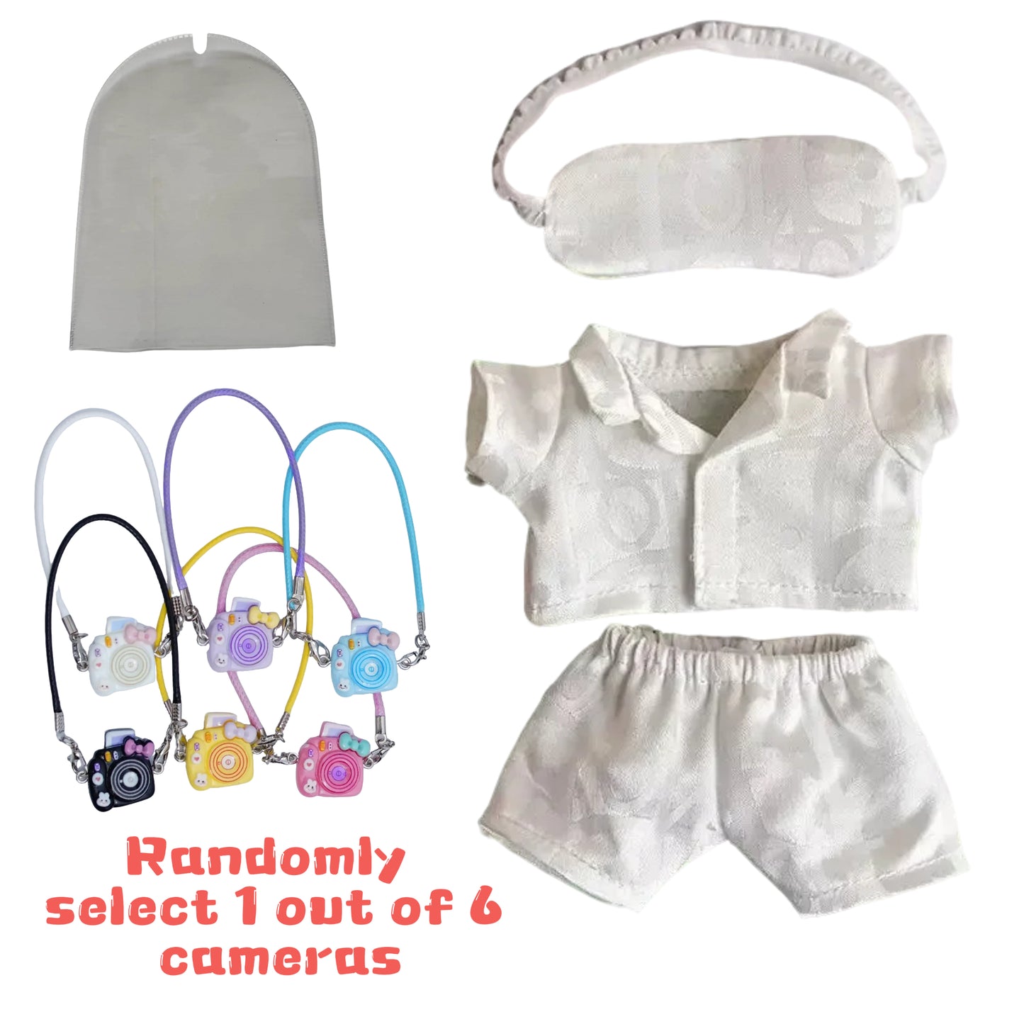 Labubu 7-Inch Doll Pajama Set – 3 Colors + Random Mini Camera & Clear Dustproof Bag – Cute Sleepwear Outfit for Fans & Collectors