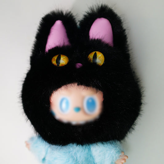 Black Cat Costume for 17cm Labubu – Shiny Fur Outfit with Pink Ears, Halloween Cosplay Doll Clothes (No Doll)