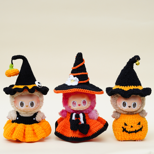 Halloween Pumpkin Witch Outfit for Labubu & 17cm Dolls – Cute Handmade Knit Costume with Hat & Bag