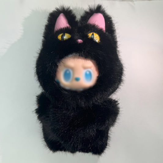 Black Cat Costume for 17cm Labubu – Shiny Fur Outfit with Pink Ears, Halloween Cosplay Doll Clothes (No Doll)
